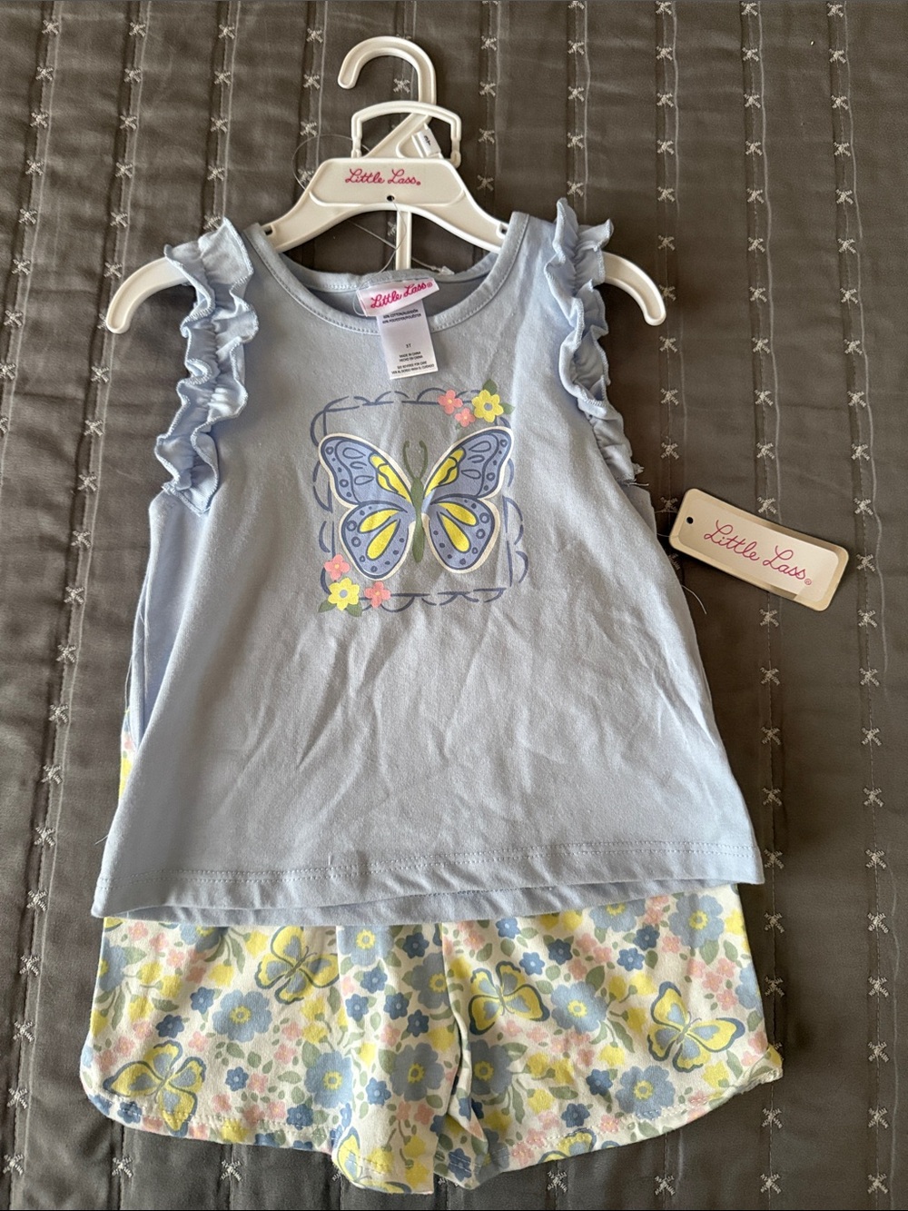 Little Lass Light Blue Butterfly Ruffle Tank & Floral Shorts Set
